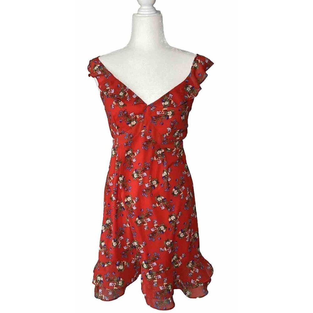 Sugar + L!ps Dress Red Floral SM Flouce Ruffle Hem Sleeve Sweetheart Bodice NWT